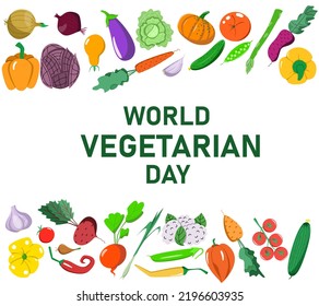 Vector postcard of the World Vegetarian Day in a flat style. Food top and bottom.