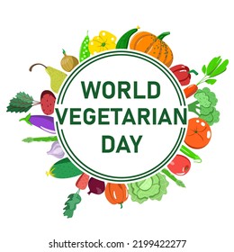 Vector Postcard Of The World Vegetarian Day In A Flat Style. Food Around The Circle.