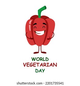 Postal vectorial del Día Mundial de la Vegetariana en un estilo plano. Caracter de pimienta gracioso.