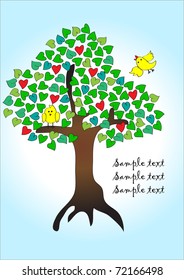 Vector postcard. Yellow birds on the tree.