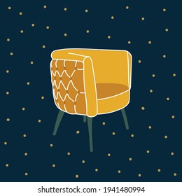 Vector postcard of the yellow chair. Fashionable Scandinavian chair. Poster of insulated furniture on dark in a circle of golden dots. Decor for a cafe or interior. . Vector illustration