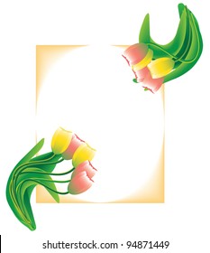 Vector postcard with yellow and pink tulips on frame background