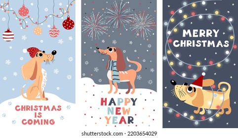 Vector postcards with cute dogs and different inscriptions. New Year, Christmas illustration in cartoon style. Limited palette suitable for printing.