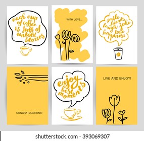 Vector postcards template set. Hand drawn flower, coffee cup. Cute lovely card, invitation design, congratulation, wedding, birthday, anniversary. Business flyer, leaflet, poster, advertising. 