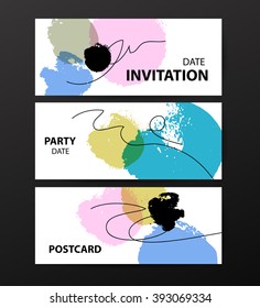 Vector Postcards Template Set. Hand Drawn Transparent Ink Drops. Cute Lovely Card, Invitation Design, Congratulation, Wedding, Birthday, Anniversary. Business Flyer, Leaflet, Poster, Advertising. 