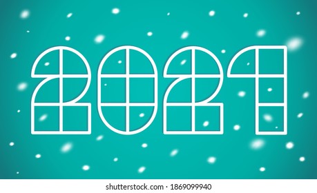 Vector poster with 2021 on blue background for Christmas and New year. New year postcard 2021 with snow.