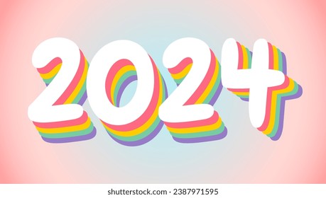 Vector poster with 2024 on pink background for Christmas and New year in retro style. New year postcard 2024.