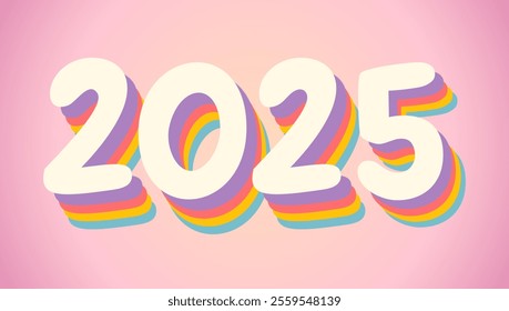 Vector poster with 2025 on pink background for Christmas and New year in retro style. New year postcard 2025.