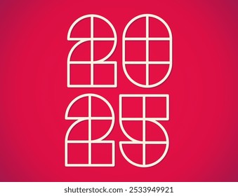 Vector poster with 2025 on  red background for Christmas and New year. New year postcard 2025. 