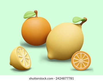 Vector poster with 3D citrus fruits. Whole orange, lemon and half