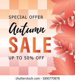 Vector poster with a 3d frame of red maple and Rowan leaves on the right side under a checkered text pattern. Autumn sale on a checkered background