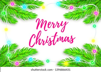 Vector poster with 3d placticine fir tree branches with garland. Bright text Merry Christmas. Winter realistic greeting card. Isolated on white background.