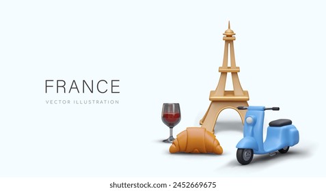 Vector poster with 3D symbols of France. Advertising of shopping, gastronomic, wine tours to Paris