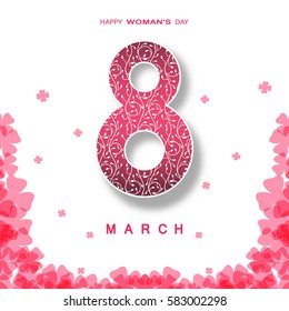 Vector poster for 8 of March Woman's Day on the white background with number shape, pink abstract pattern from clover leaves shapes, shadow and  text.