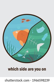 Vector poster about ocean pollution with two sides - clean and dirty. Live happy fish on one side and polluted water with fish bones, dead sea grass and face masks, plastic bottles, spoons and straws 