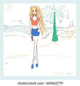 Vector poster about summer time. Hand drawn linen vector illustration with cute girl
