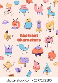 Afiche vectorial del concepto de caracteres abstractos. Los niños afichan la plantilla con un patrón colorido con diferentes tipos de monstruos. Mascotas cortas expresando diversas emociones. Ilustración del diseño de pancartas