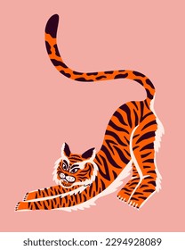 Vector poster with abstract stretching tiger. Japanese or Chinese oriental style. Cartoon hand drawn for t shirt print, logo, poster template, tattoo idea. Endangered animal. 