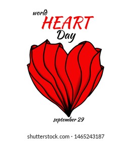 Vector poster of abstract stylized heart in zen art, hand drawn style with text World Heart Day, 29th september. Holiday card, flyer, leaflet, web banner. Concept: preserved heart under protection.