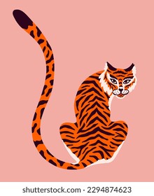 Vector poster with abstract tiger. Trendy illustration. Cartoon hand drawn for t shirt print, logo, poster template, tattoo idea. Endangered animal. 