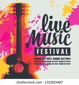 Vector poster with acoustic guitar, the inscription live music festival and place for text on the background of bright abstract spots