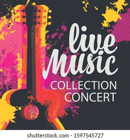 Vector poster with acoustic guitar, the inscription Live music and bright abstract spots on the black background. Suitable for banner, flyer, card, brochure, invitation, cover