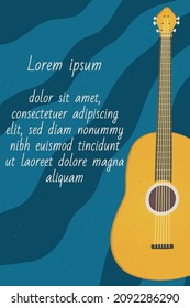 Vector poster with acoustic guitar upon blue background with place for your text. Creative vertical template can be used for concert ads, live music evenings, guitar classes poromotion