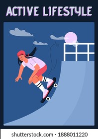 Vektorplakat des Konzepts Active Lifestyle. Teen Mädchen, die Skateboard fahren im urbanen Skateboard Park. Junge Teenager-Skateboarden, lernen neue Tricks auf Rampen. Zeichentrickgrafik von Werbebannern