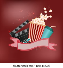 vector poster for advertising cinema or movie on a red background with popcorn, drink glasses 3d and stop frame