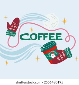 Vector poster for advertising of winter coffee drink. Merry Christmas coffee cup. Paper cup Christmas design for coffee to go. Cartoon flat cozy winter illustration. Snowball game