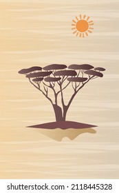 Vector, poster. African Landscape, Acacia and Sun 
