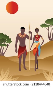 Vektor, Poster, afrikanischer Luxus Mann mit einer Speer und eine Frau. Sammlung zeitgenössischer Kunst. Abstrakte Plakate im minimalistischen Stil. 