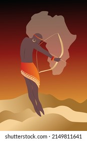 Vector, poster. African man with bow portrait full-length, abstract. Poster in traditional style, African landscape