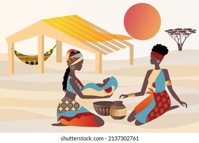 Vector, poster. African women with a baby in the desert, plants, abstract shapes and landscape in the desert and sun. Abstract posters in minimalistic style. Collection of contemporary art. 