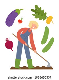 Afiche vectorial con trabajadores agrícolas con azadón y verduras