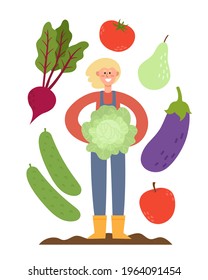 Afiche vectorial con trabajador agrícola sosteniendo col y frutas, verduras