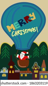vector poster with air balloon, santa, forest, mountain and town