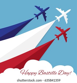 Vector poster with airplanes 14th July Bastille Day. Independence Day of France