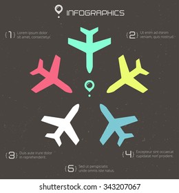 Vector poster with airplanes, airplane stream jet and info graphic elements, pop-art minimalistic style, for travel agencies, aviation companies.