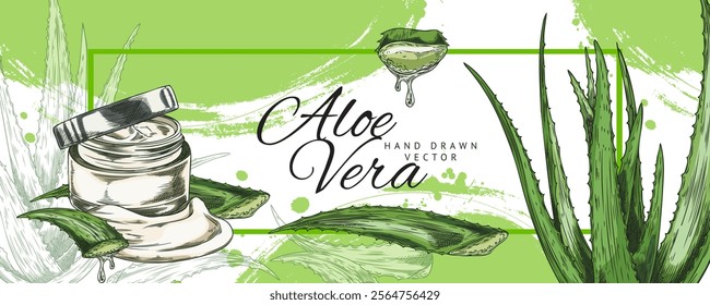 Vector poster with aloe vera, prickly leaves and gel in a jar, in the style of a contour sketch on a white background. Botanical design for cosmetology and medicine