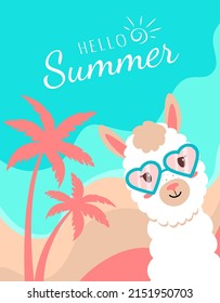 Vector poster with alpaca and palm trees. Sea, sun and sand. Lama with glasses, on the beach, seascape. Flyer hello summer. Flat style illustration.