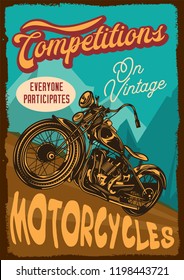 Vector poster. American classic motorcycle in the mountains, against the mountains