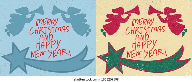 vector poster with angels, merry Christmas, tree lights