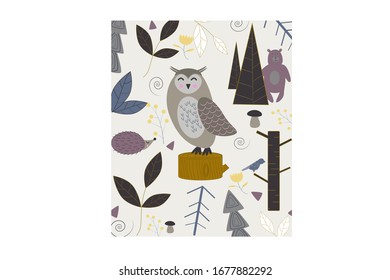 Vector poster with animals and plants in the Scandinavian style. Can be used for postcards and printing