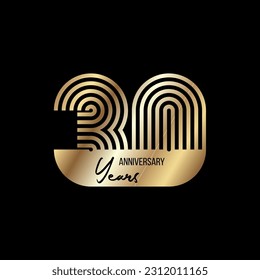 Vector poster for the anniversary of the 30th anniversary. Anniversary 30 years gold stylish poster on black background. Anniversary card.