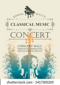 Afiche vectorial para el concierto anual de música clásica con violín y piano de cola en un fondo claro con lugar para texto en estilo retro