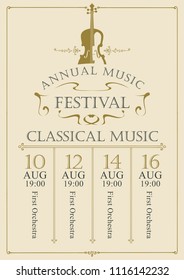 Vector poster for the annual festival of classical music in vintage style with violin