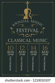 Vector poster for the annual festival of classical music in vintage style with violin on the black background