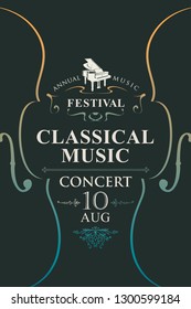 Vector poster for the annual festival of classical music with violins and grand piano on the black background in vintage style