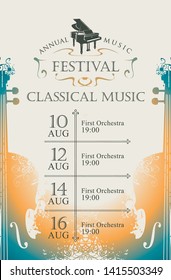 Vector poster for the annual festival of classical music with violins and grand piano on a light background in retro style